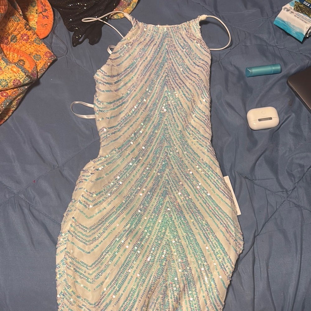 White and Blue Sequin Halter Bodycon Dress